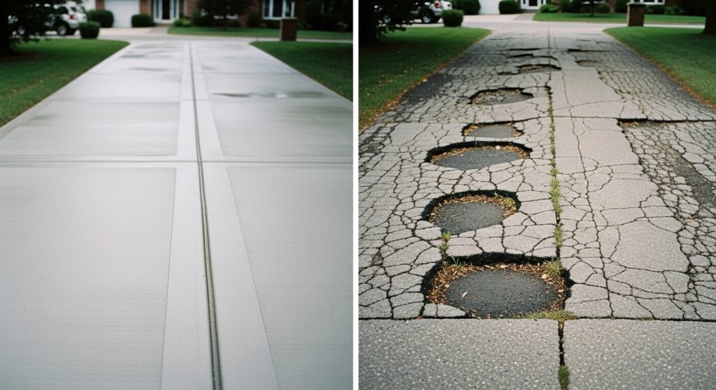 Comparison of fresh concrete driveway replacement vs old damaged slab