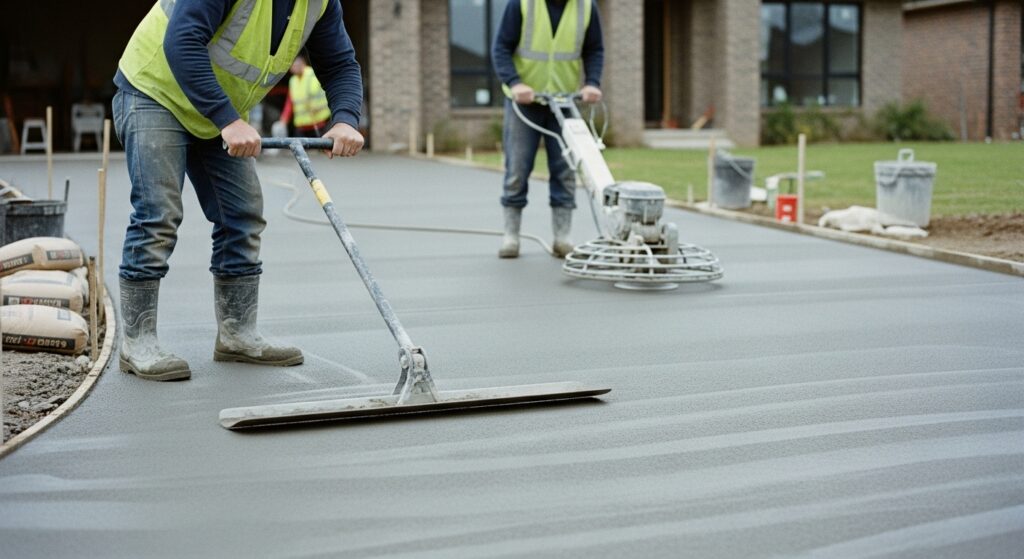 Professional concrete replacement experts finishing a new driveway