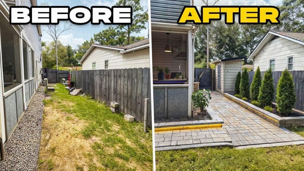 Before and After" slider or side-by-side shot of a backyard patio transformation.