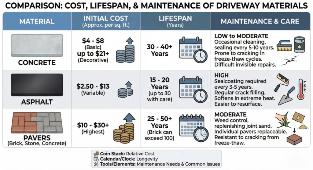 Infographic or Table Chart comparing Cost, Lifespan, and Maintenance of Concrete vs. Asphalt vs. Pavers
