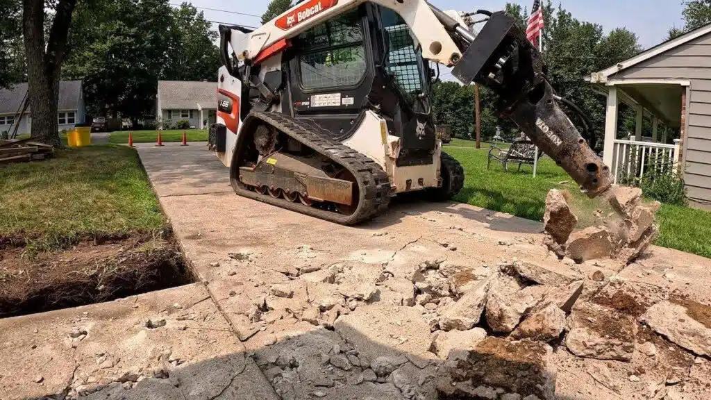 shot of a skid steer breaking up an old driveway or a truck loaded with concrete debris